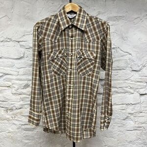 Vintage 70s levis USA Men Western Shirt Pearl Snap Brown Blue Plaid Medium Thin